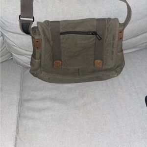 Fossil Olive Green Canvas Messenger Bag with Brown Accents